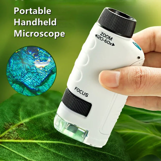 Microscopio de bolsillo, 60-120x, Mini microscopio de mano con luz LED.