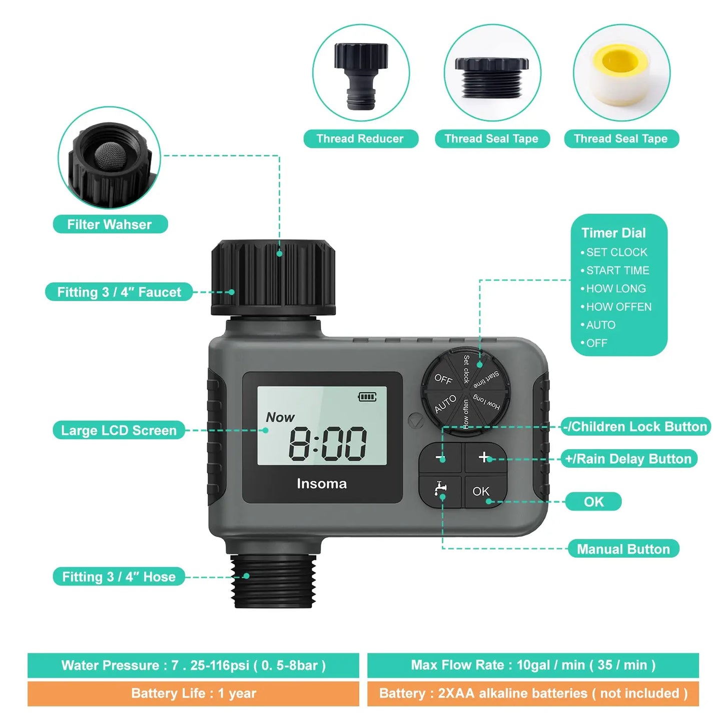 Insoma-temporizador de agua automático, sistema de riego inteligente, temporizador de riego, equipo de programador de jardín, pantalla LCD IPX5