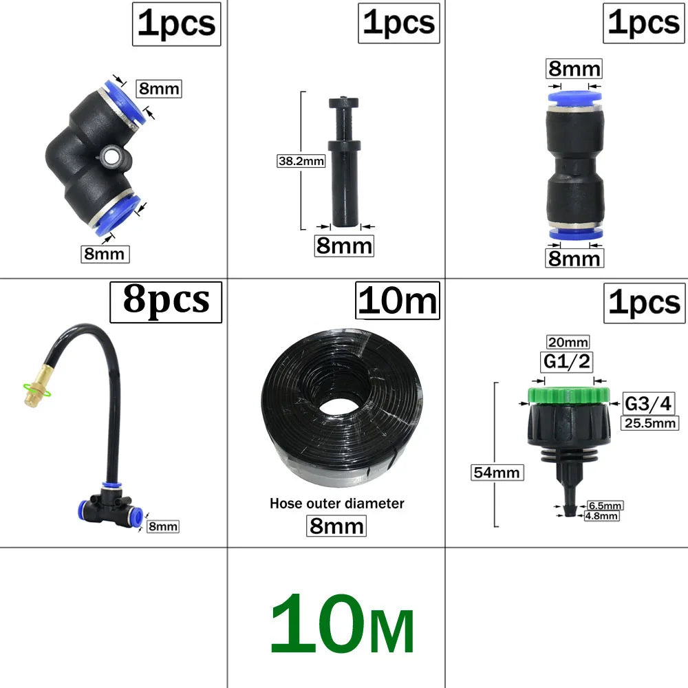 Sistema de refrigeración por nebulización para exteriores, Kit de conector de boquillas atomizadoras de latón de 8mm para riego de jardín, Patio e invernadero